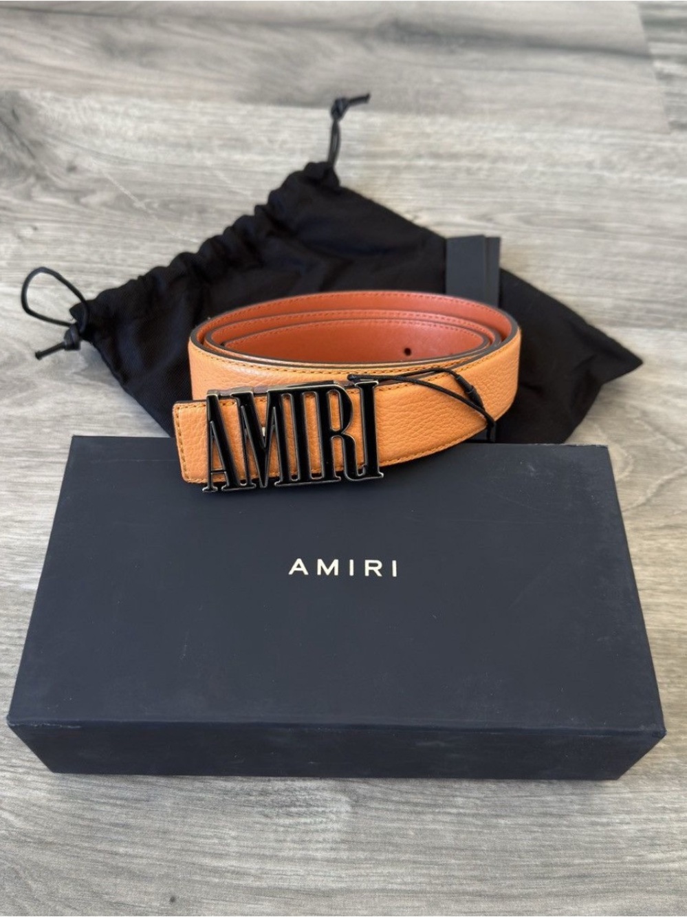 AMIRI Tan Leather Belt with Black Logo Buckle